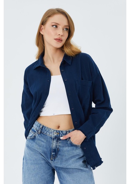 4569 Kadın Pis Dikişli Keten Gömlek Lacivert