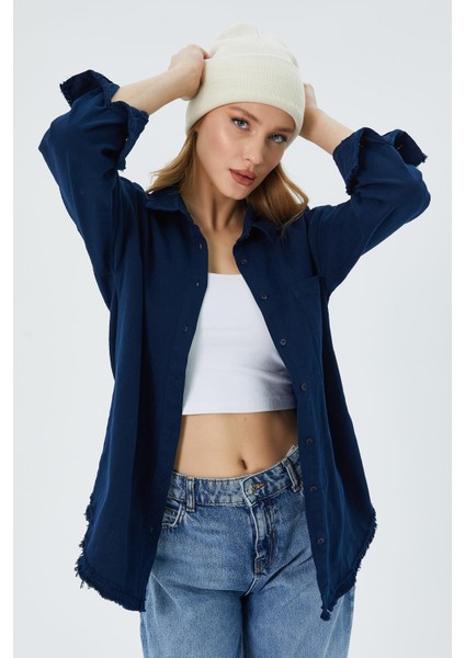 4569 Kadın Pis Dikişli Keten Gömlek Lacivert fiyatları