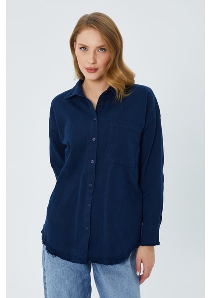 4569 Kadın Pis Dikişli Keten Gömlek Lacivert modelleri