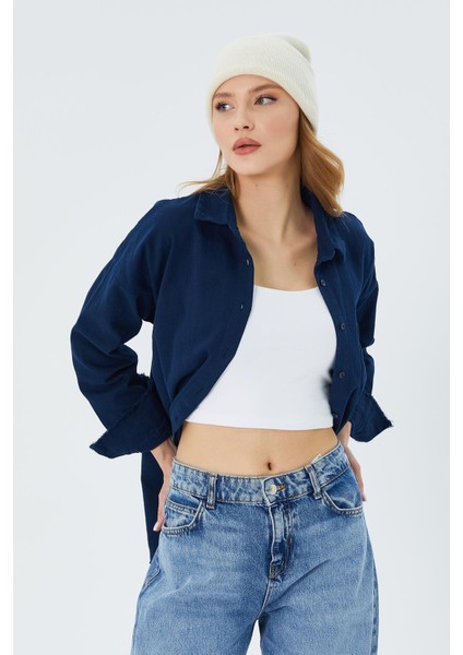 4569 Kadın Pis Dikişli Keten Gömlek Lacivert indirimleri
