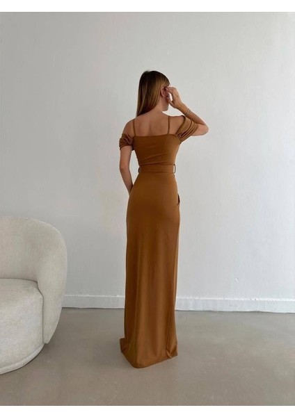 Düşük Omuz Yırtmaçlı Kemerli Elbise 582134 Camel fiyatları