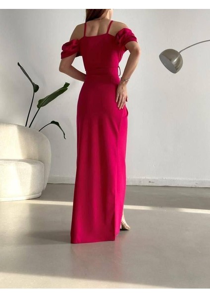 Düşük Omuz Yırtmaçlı Kemerli Elbise 582134 Fuşya modelleri