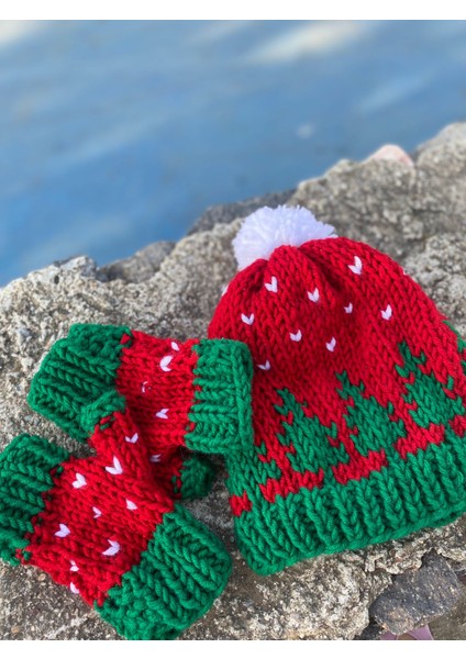 Yılbaşı Bere Eldiven Takım Yeni Yıl Merry Christmas Kırmızı Eldiven Şapka Özel Tasarım