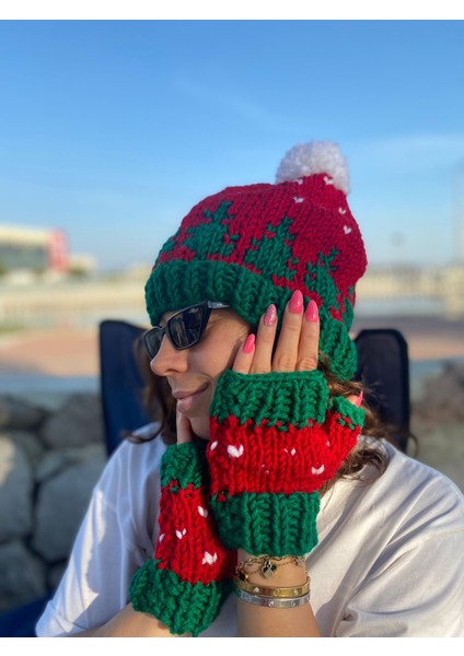 Yılbaşı Bere Eldiven Takım Yeni Yıl Merry Christmas Kırmızı Eldiven Şapka Özel Tasarım modelleri