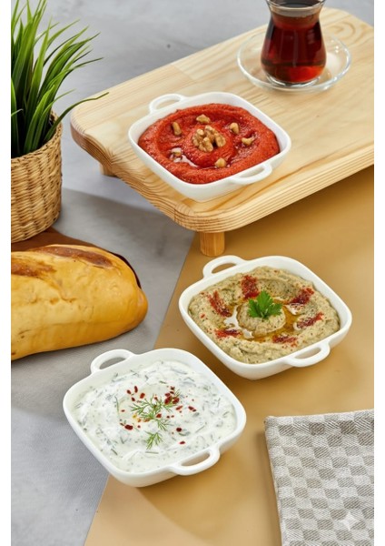 3’lü Kare Kulplu Porselen Kase Seti 15X12X3,5 cm – Kahvaltılık, Meze, Reçellik, Sosluk ve Şık Sunumluk modelleri
