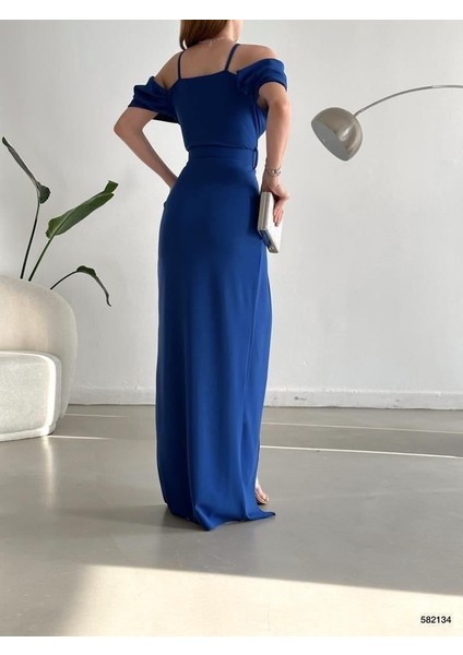 Düşük Omuz Yırtmaçlı Kemerli Elbise 582134 Saks fırsatları