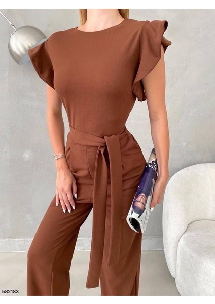 Kolları Fırfırlı Yuvarlak Yaka Kuşaklı Cepli Trend Tulum 582183 Kahve fiyatları