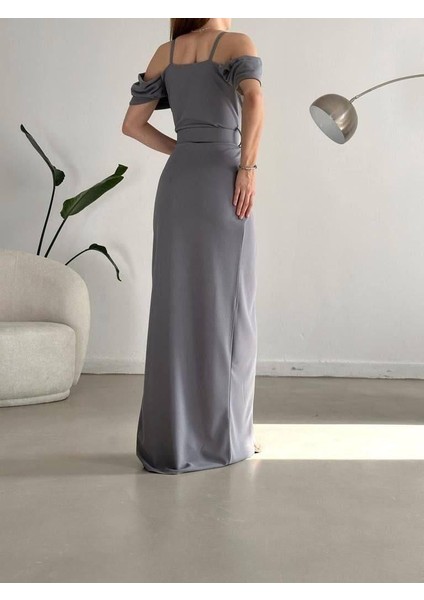 Düşük Omuz Yırtmaçlı Kemerli Elbise 582134 Gri fiyatları
