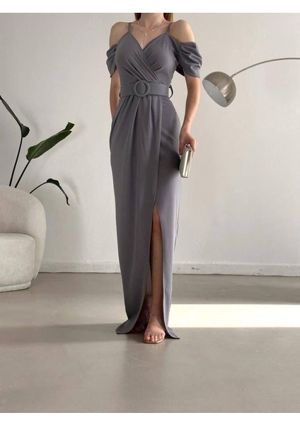 Düşük Omuz Yırtmaçlı Kemerli Elbise 582134 Gri fırsatları