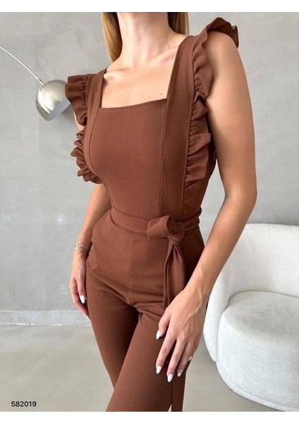 Kolu Fırfırlı Kuşaklı Tulum 582019 Kahverenk