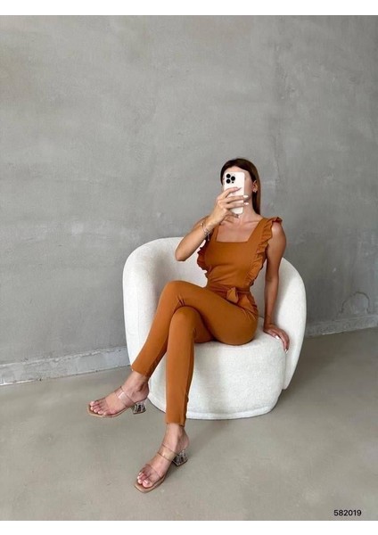 Kolu Fırfırlı Kuşaklı Tulum 582019 Camel fiyatları