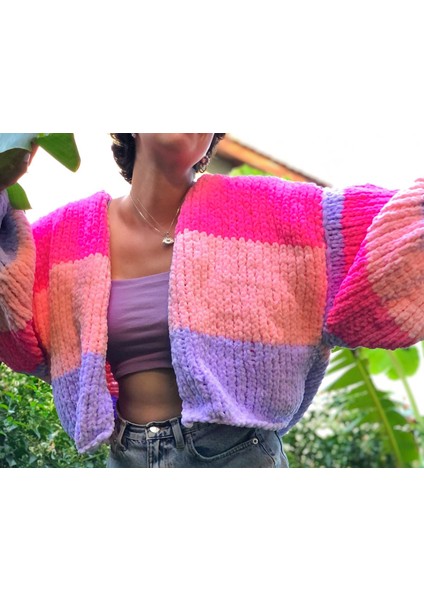 Kadın Oversize Çok Renkli Pembe Hırka Salaş Ceket Pofidik Yumuşak Dokulu Crop