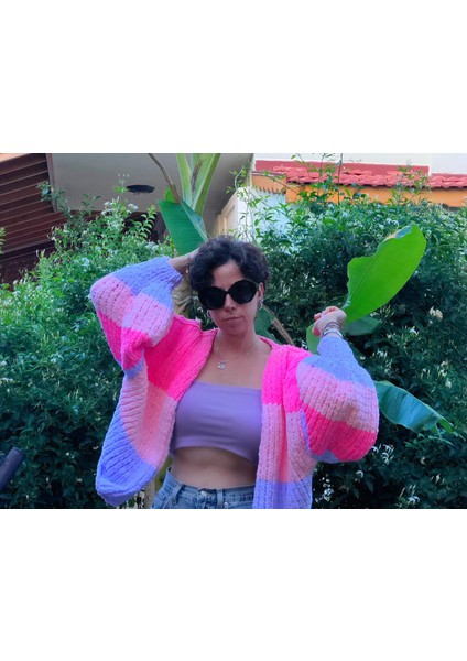 Kadın Oversize Çok Renkli Pembe Hırka Salaş Ceket Pofidik Yumuşak Dokulu Crop modelleri