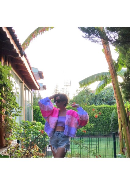 Kadın Oversize Çok Renkli Pembe Hırka Salaş Ceket Pofidik Yumuşak Dokulu Crop fırsatları