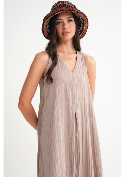 4700 Kadın V Yaka Önü Pileli Elbise Latte indirimleri