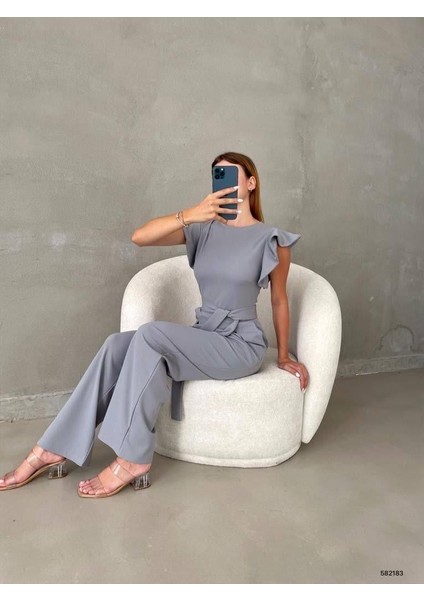 Kolları Fırfırlı Yuvarlak Yaka Kuşaklı Cepli Trend Tulum 582183 Gri modelleri
