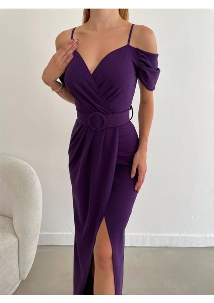 Düşük Omuz Yırtmaçlı Kemerli Elbise 582134 Mor modelleri