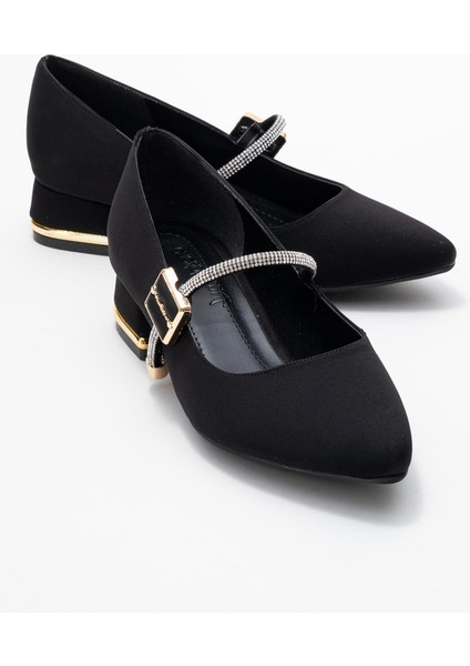 Kadın Taşlı Tokalı Biyeli Topuklu Ayakkabı; Siyah Zra