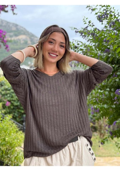 LS5510 Italyan V Yaka Triko Bluz Kahve modelleri