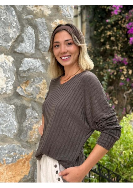 LS5510 Italyan V Yaka Triko Bluz Kahve fırsatları