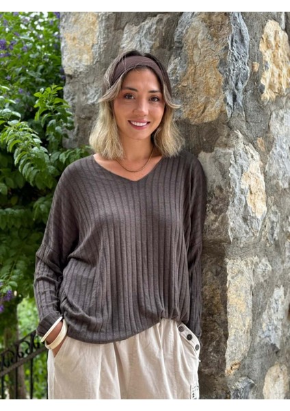 LS5510 Italyan V Yaka Triko Bluz Kahve