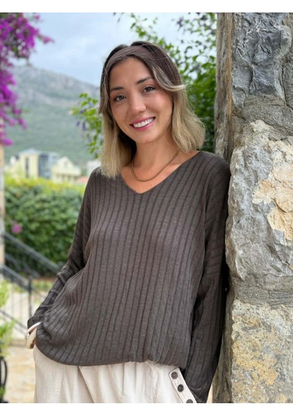 LS5510 Italyan V Yaka Triko Bluz Kahve