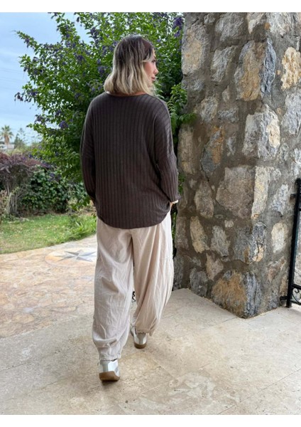 LS5510 Italyan V Yaka Triko Bluz Kahve