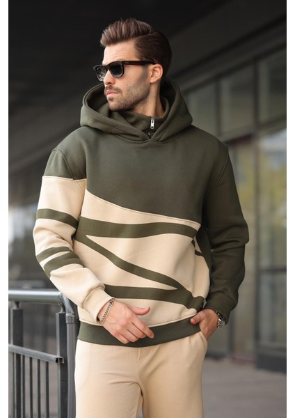 Haki Kapüşonlu Fermuar Yaka Desenli Erkek Sweatshirt E7162