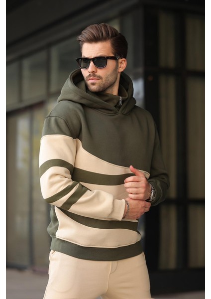 Haki Kapüşonlu Fermuar Yaka Desenli Erkek Sweatshirt E7162 fiyatları