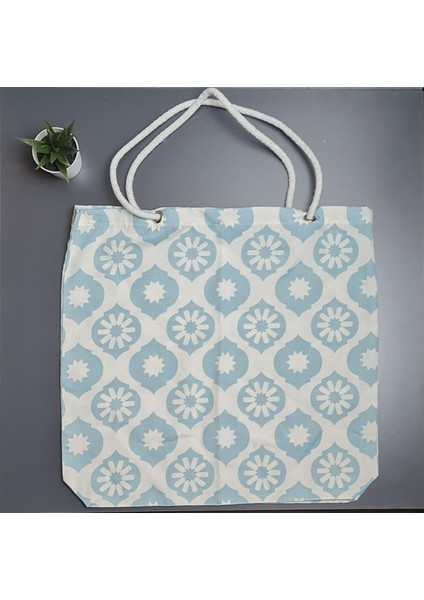 Yazlık Plaj Piknik Deniz Alışveriş Omuz Çantası Renkli Desen Çanta Turkuaz