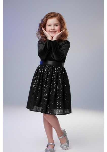 Kız Çocuk Özel Günler Için Kadife Pullu Kabarık Fiyonklu Elbise 3-10 Yaş