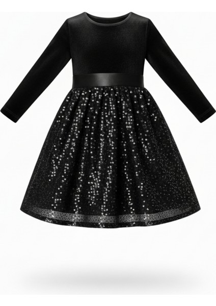 Kız Çocuk Özel Günler Için Kadife Pullu Kabarık Fiyonklu Elbise 3-10 Yaş fırsatları