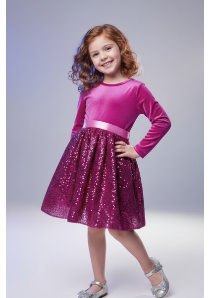 Kız Çocuk Özel Günler Için Kadife Pullu Kabarık Fiyonklu Elbise 3-10 Yaş