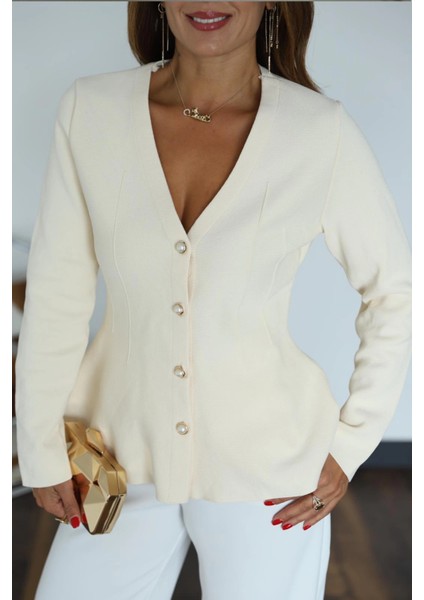 Ekru Inci Düğme Detay Volanlı Hırka fiyatları