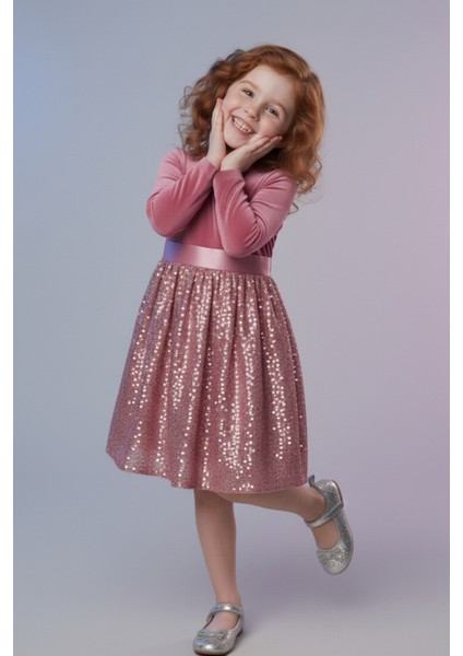 Kız Çocuk Özel Günler Için Kadife Pullu Kabarık Fiyonklu Elbise 3-10 Yaş