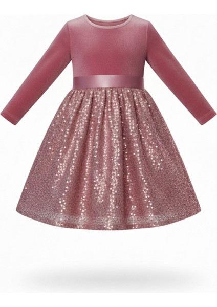 Kız Çocuk Özel Günler Için Kadife Pullu Kabarık Fiyonklu Elbise 3-10 Yaş fırsatları