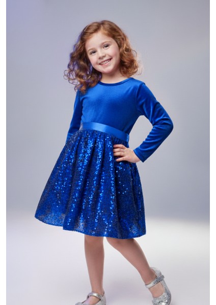 Kız Çocuk Özel Günler Için Kadife Pullu Kabarık Fiyonklu Elbise 3-10 Yaş