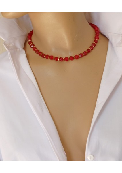 Kırmızı Kristal Kesim Mercan Altın Kaplama Hematit Boncuklu Kolye – Küpe Hediyeli