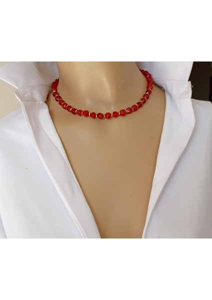 Kırmızı Kristal Kesim Mercan Altın Kaplama Hematit Boncuklu Kolye – Küpe Hediyeli fiyatları