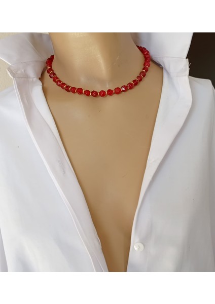 Kırmızı Kristal Kesim Mercan Altın Kaplama Hematit Boncuklu Kolye – Küpe Hediyeli fırsatları