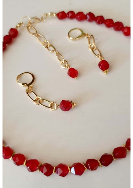 Kırmızı Kristal Kesim Mercan Altın Kaplama Hematit Boncuklu Kolye – Küpe Hediyeli