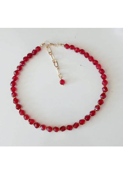 Kırmızı Kristal Kesim Mercan Altın Kaplama Hematit Boncuklu Kolye – Küpe Hediyeli