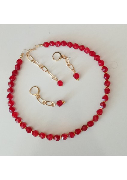 Kırmızı Kristal Kesim Mercan Altın Kaplama Hematit Boncuklu Kolye – Küpe Hediyeli