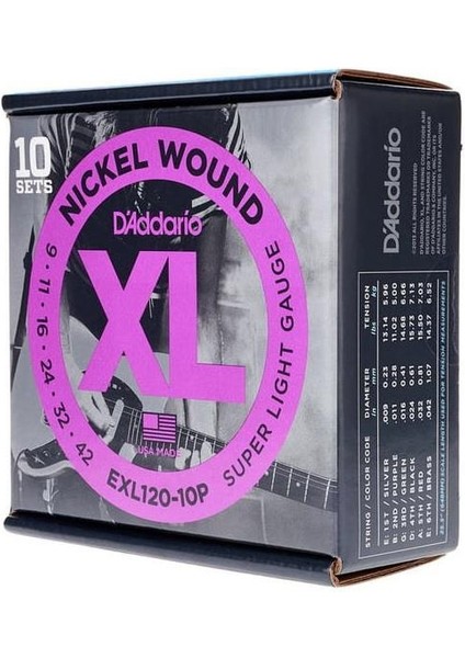 Daddarıo EXL120-10P (10 Set) Elektro Gitar Tel Seti, Xl, 9-42, Nıckel modelleri