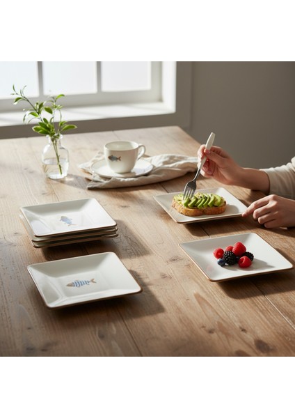 Balık Desenli Kare Siera 20CM Pasta Tabağı 6 Adet