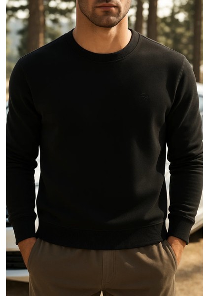 Erkek Günlük Pamuklu Comfort Siyah Basic Sweatshirt