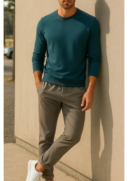 Erkek Günlük Pamuklu Comfort Mavi Basic Sweatshirt