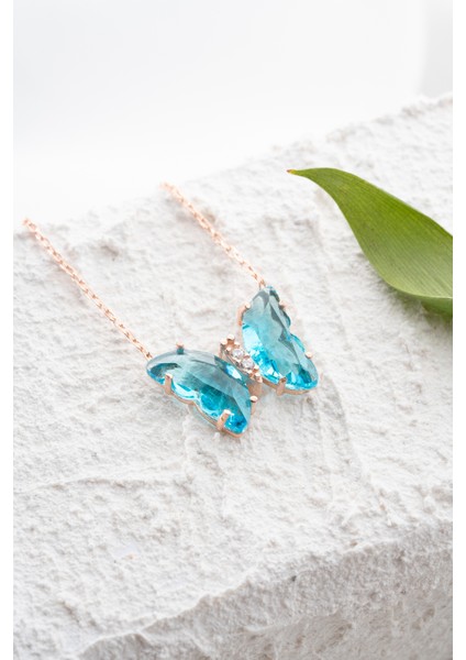 925 Ayar Gümüş Rose Kaplama Aquamarine Taşlı Kelebek Kolye