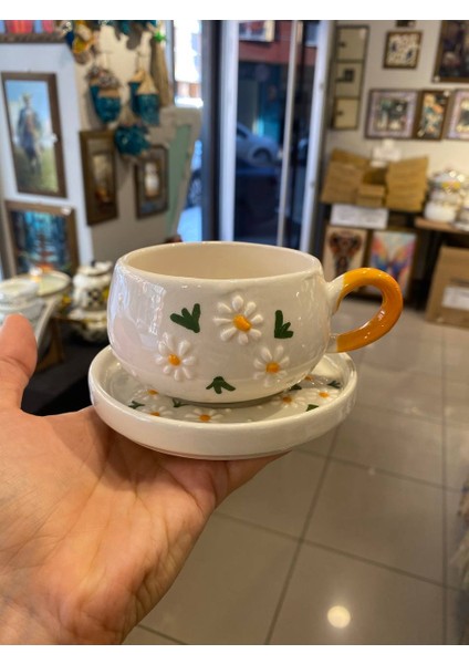 2 Kişilik El Yapımı Seramik Çay Kahve Takımı - Papatya Desenli Fincan ve Tabak Seti modelleri