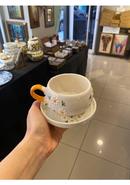 2 Kişilik El Yapımı Seramik Çay Kahve Takımı - Papatya Desenli Fincan ve Tabak Seti